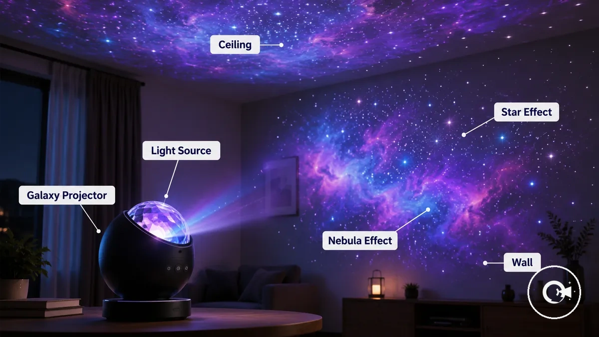 İç mekanda yıldız ve bulutsu projeksiyon efektleri oluşturan galaxy projektör